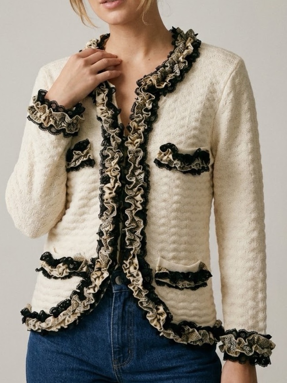 MICHAEL SIMON Cream Chunky Textured Knit Animal Print Ruffle Cardigan Sweater